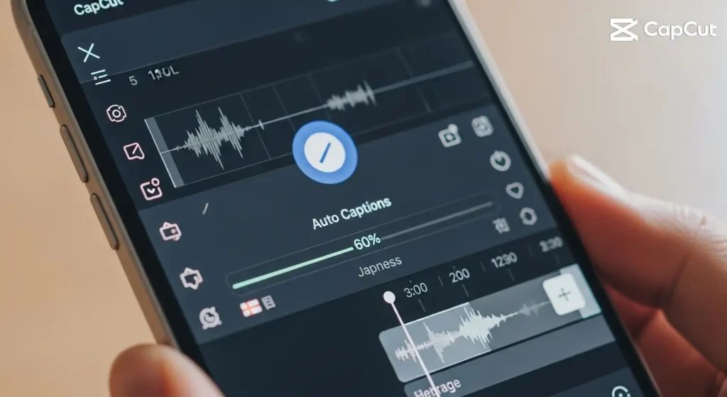 CapCutの自動キャプション機能での日本語文字起こし画面