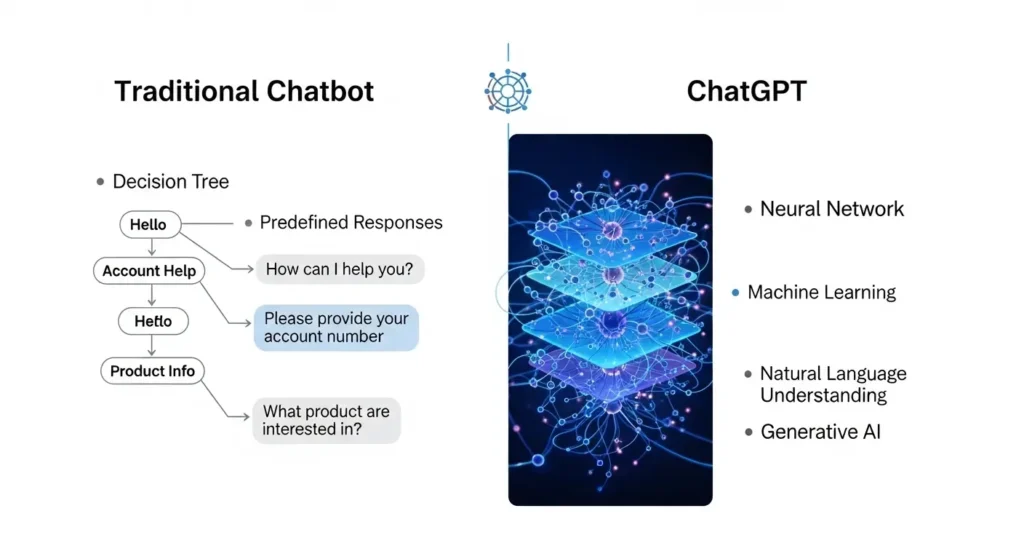 従来のチャットボットとChatGPTの違いを示す比較図
