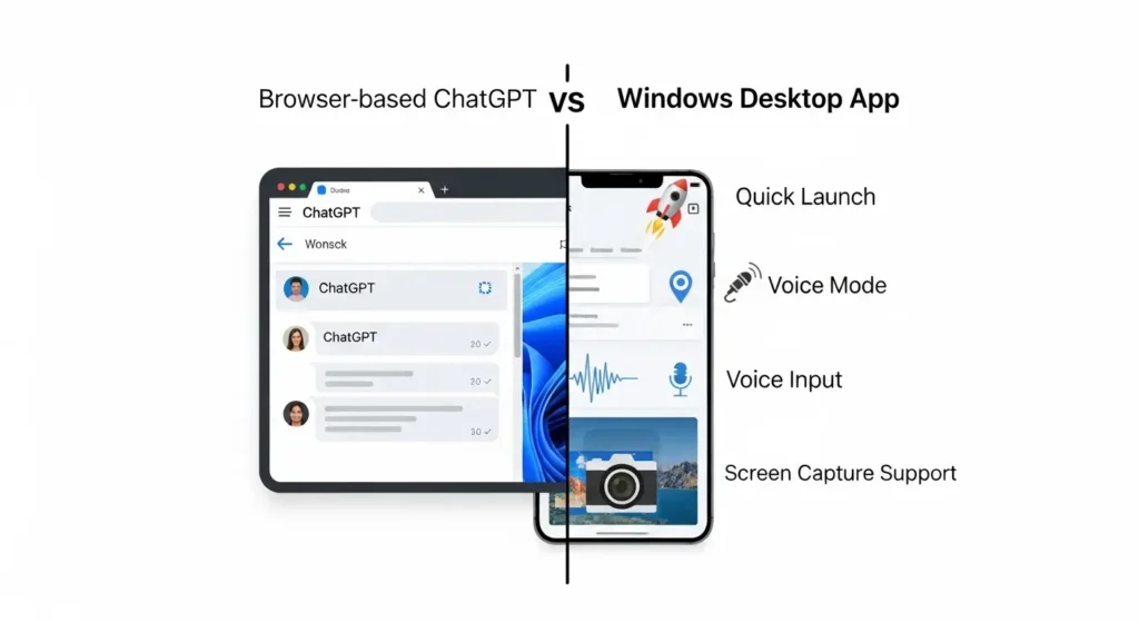 ChatGPTのブラウザ版とWindowsデスクトップアプリ版の機能比較図