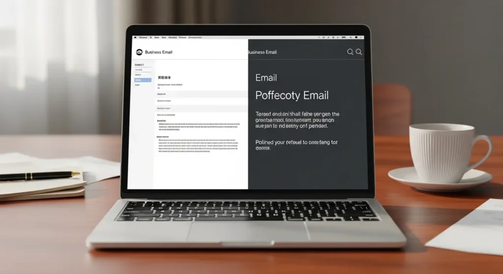 ビジネスメールの日本語から英語への翻訳例を表示したPC画面