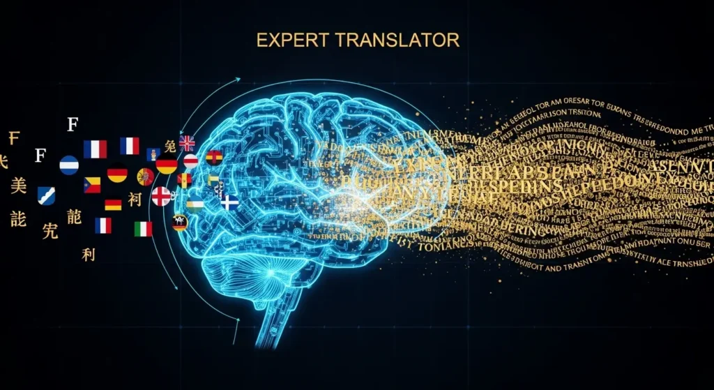 専門的な翻訳者として機能するAIの概念図