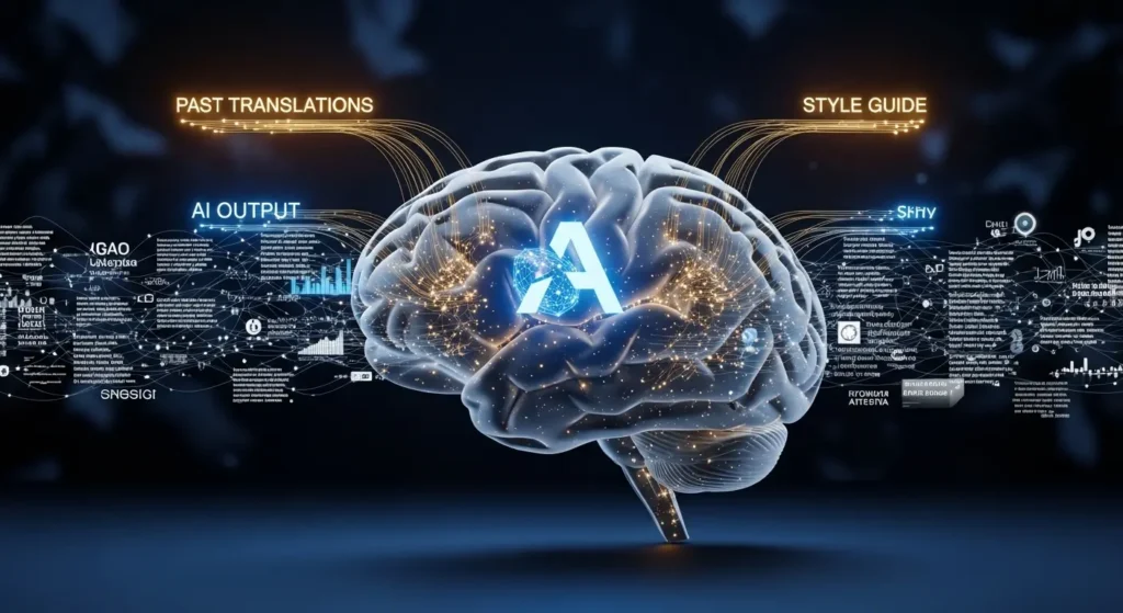 社内データを学習して専用의 翻訳AIを構築するイメージ
