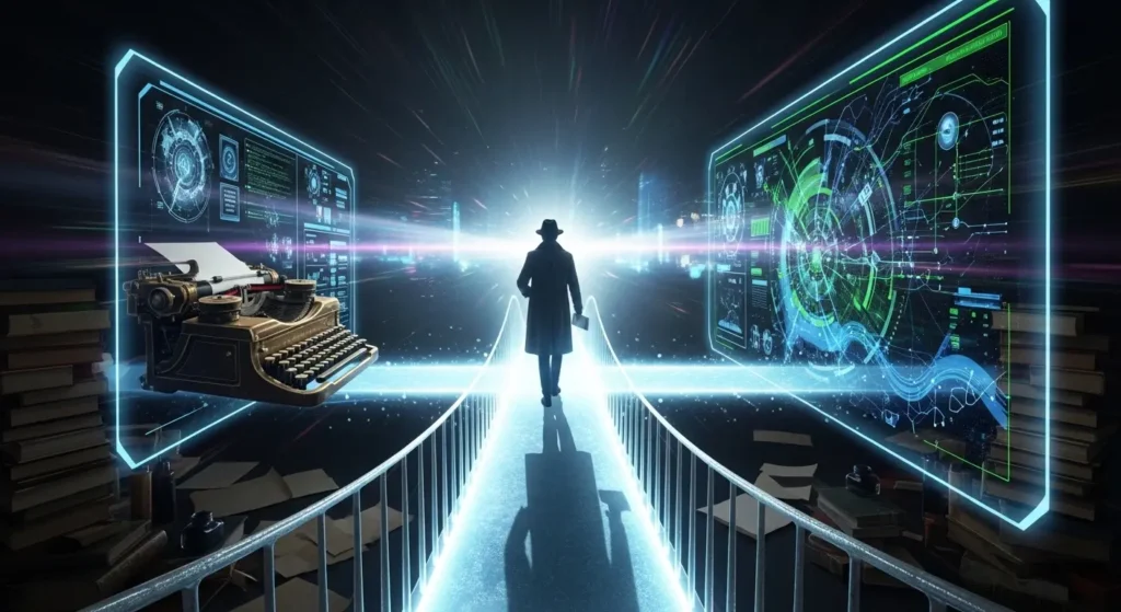 伝統的な執筆と未来のAI技術が融合する様子