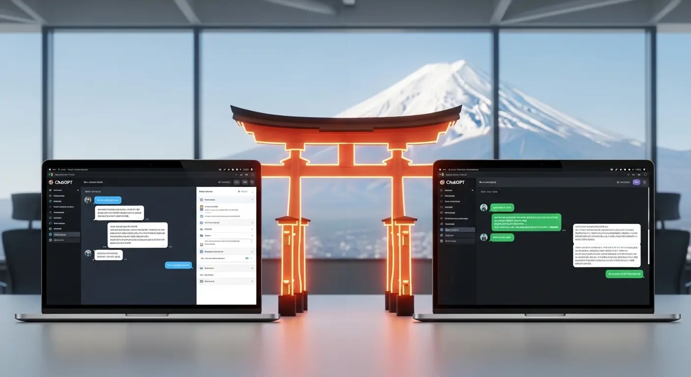 英語のChatGPT画面から日本語の画面へ切り替わる様子を表すアイキャッチ画像