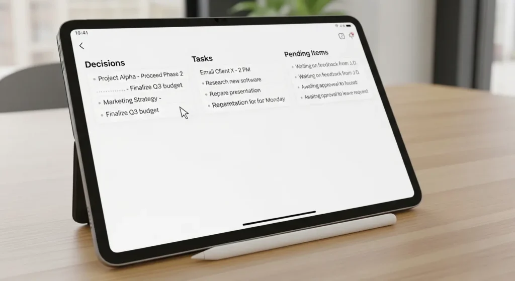 会議の議事録を項目別に要約するテンプレートイメージ