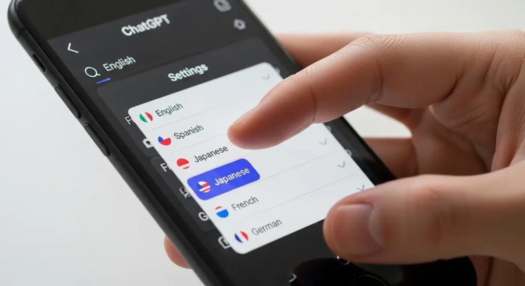 スマートフォンのアプリ版ChatGPTで言語を設定する様子
