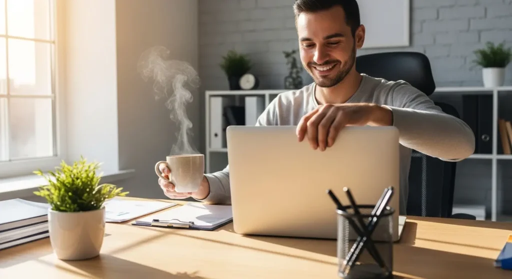 AIを活用して効率的に作業を終え、リラックスする人物