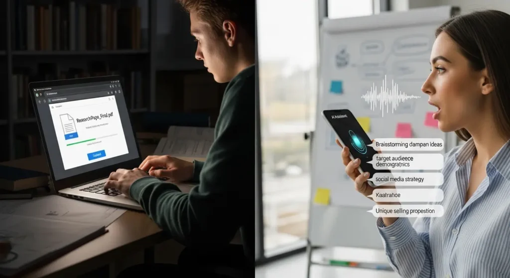 Windowsアプリで音声会話機能とファイルアップロードを活用する様子