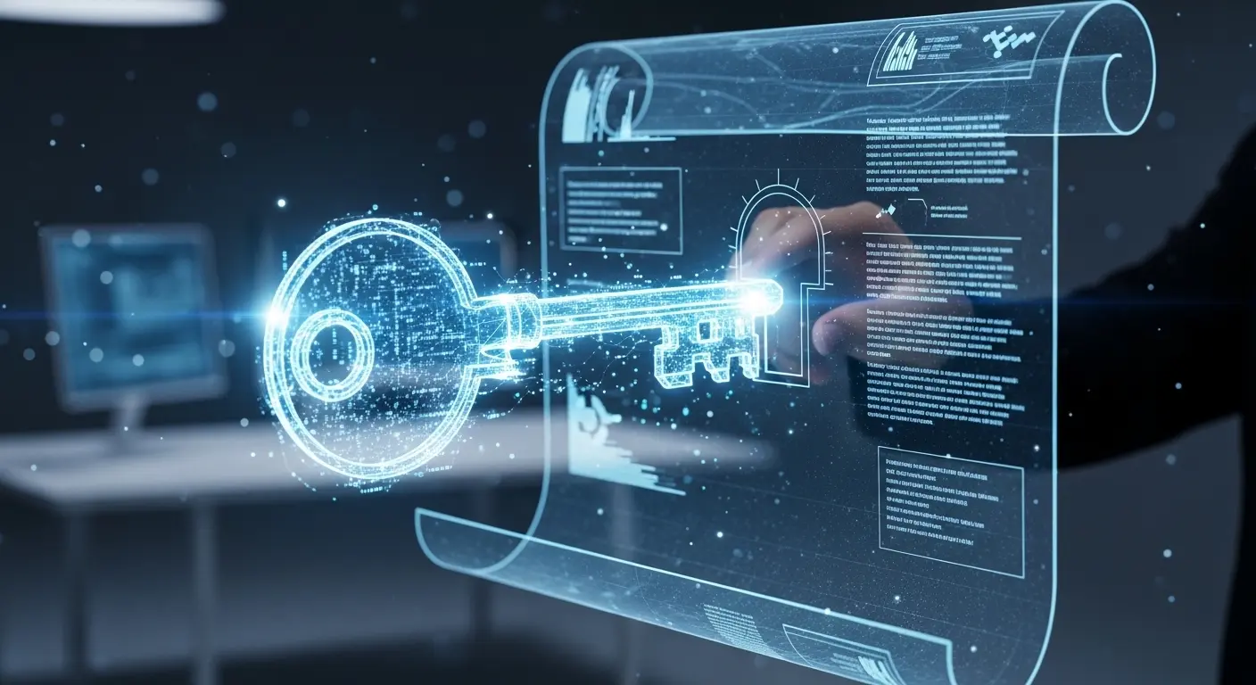 ChatGPT文章作成のコツを象徴する、データでできたマスターキーがホログラムの古文書を解錠するイメージ