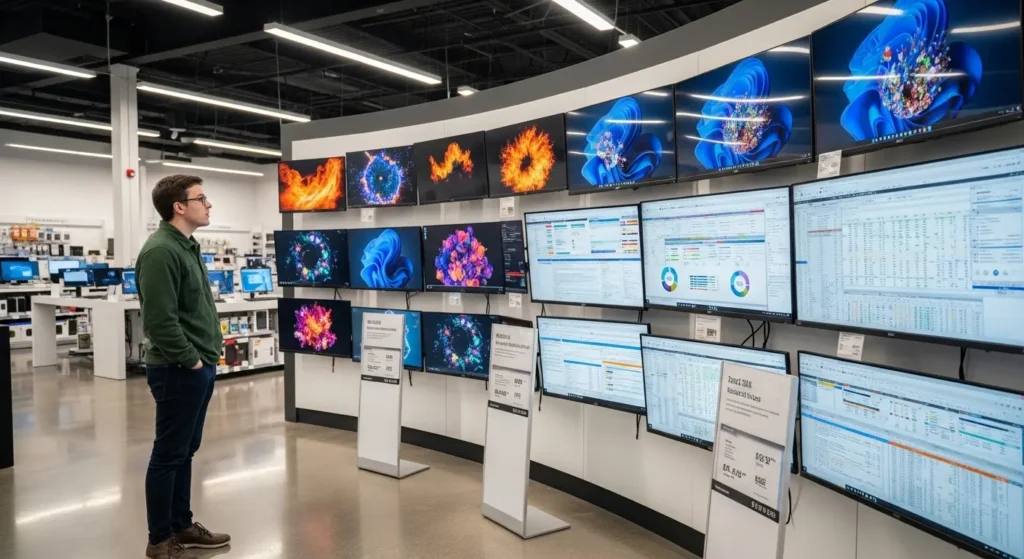 家電量販店で最新のモニター製品を比較検討する様子