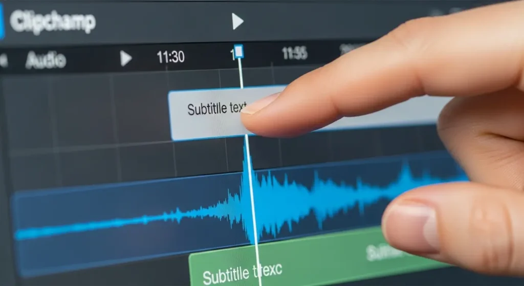 Clipchampのタイムラインで字幕の表示タイミングを調整する様子