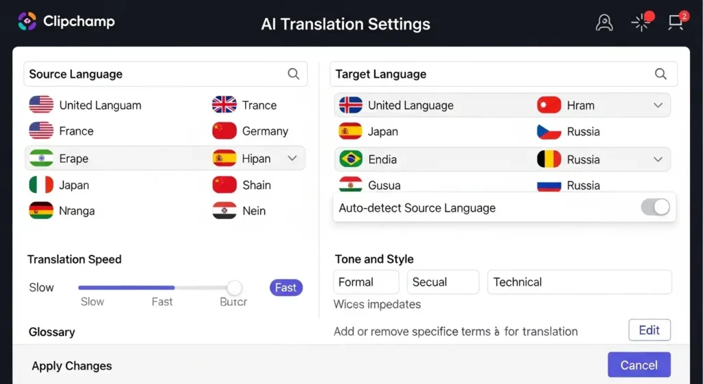 Clipchampに搭載されたAI自動翻訳・吹き替え機能の画面