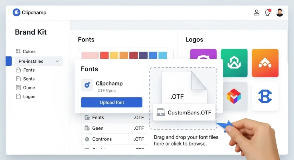 Clipchampのブランドキットでカスタムフォントを追加する操作