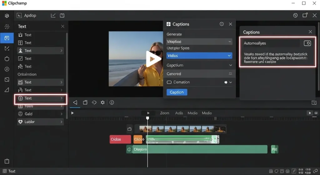 Clipchampの画面右側にあるキャプションパネルと左側のテキストタブの位置