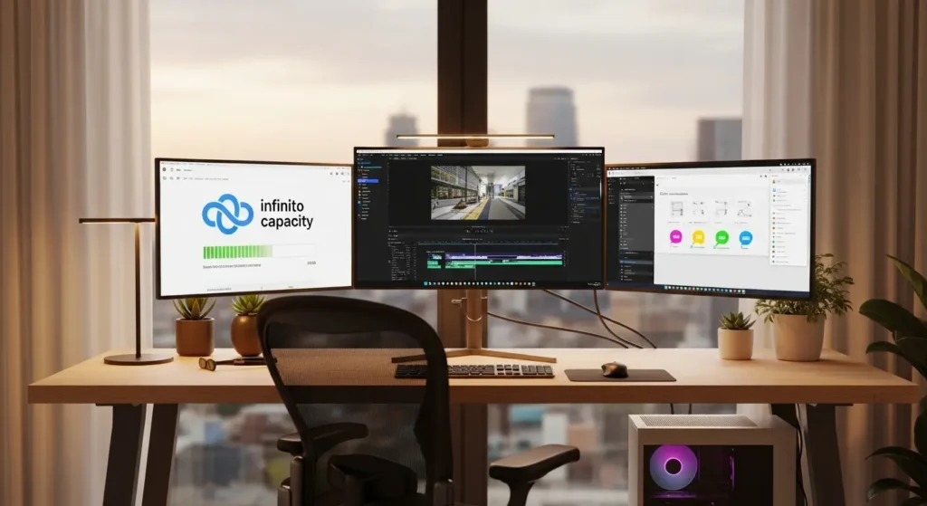Clipchampの動画編集画面とクラウドストレージの容量管理イメージ