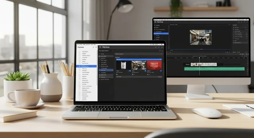 Clipchampのテキスト編集画面とフォント選択メニュー