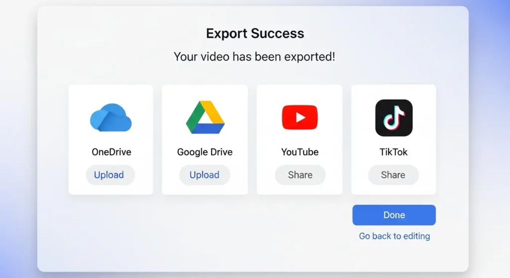 動画のエクスポートとクラウド保存の画面