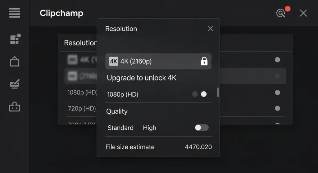 Clipchampのエクスポート品質選択画面