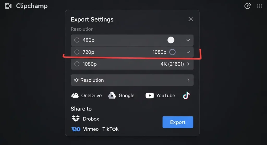 Clipchampの動画書き出し設定と共有先一覧
