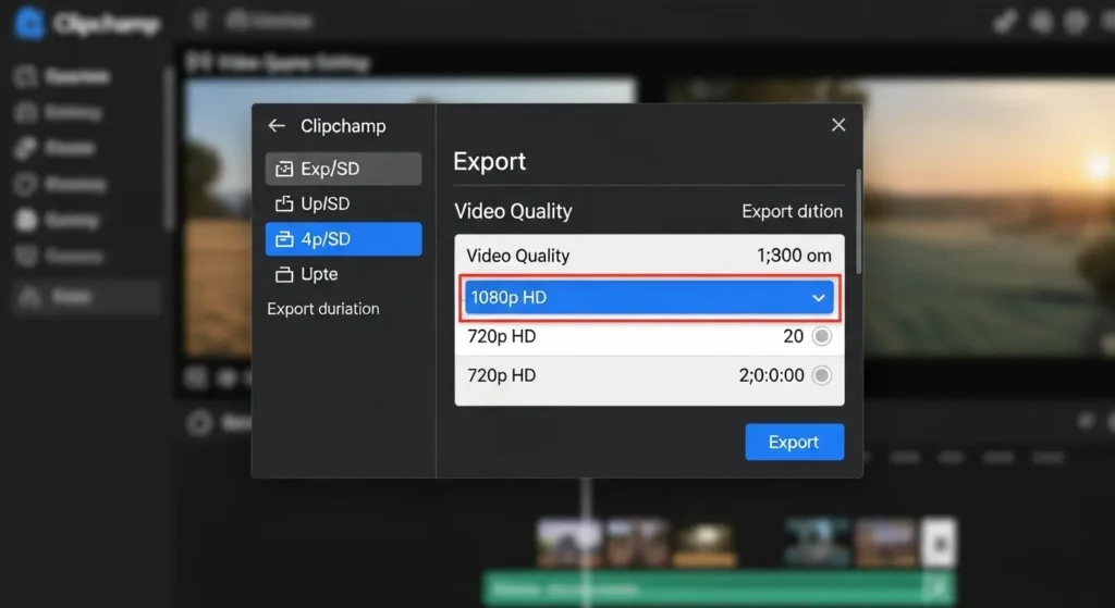 Clipchampのエクスポート設定画面