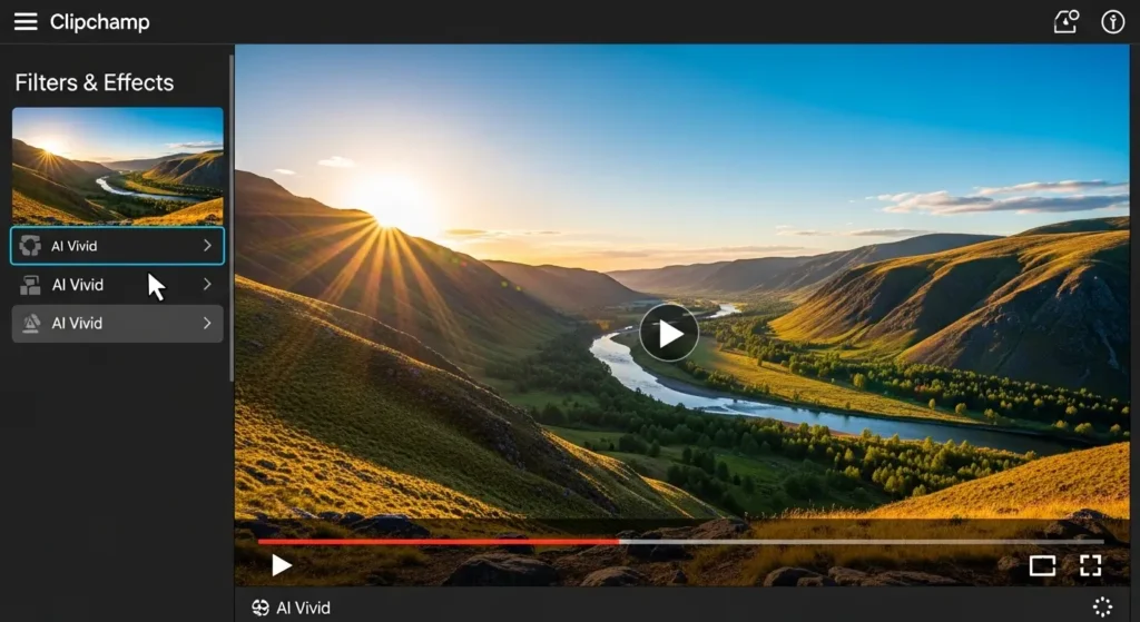 Clipchampのフィルター適用画面と色調補正メニュー