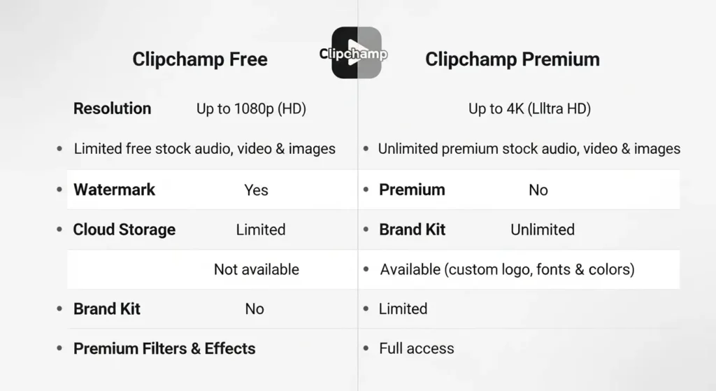 Clipchampの無料プランと有料プランの機能比較表