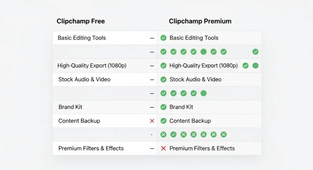 Clipchampの無料版と有料版の比較表