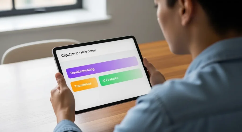 Clipchampの公式ヘルプセンターで解決策を探すユーザーの画面