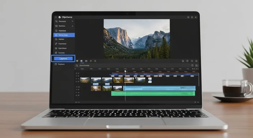 Clipchampのエディター画面とキャプションボタン