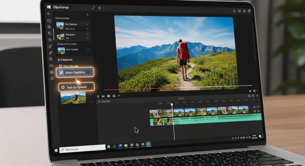 Clipchampの編集画面とAI機能の操作イメージ