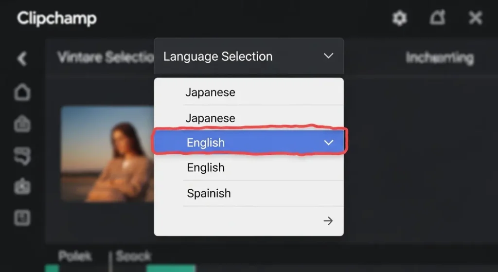 Clipchampの言語選択メニュー画面