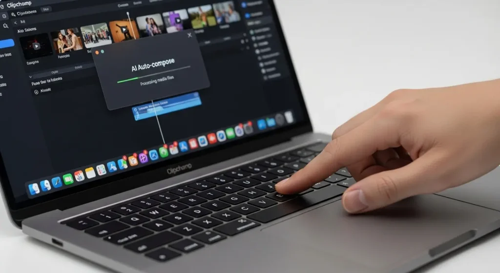 MacBookのトラックパッドでClipchampを操作する手元