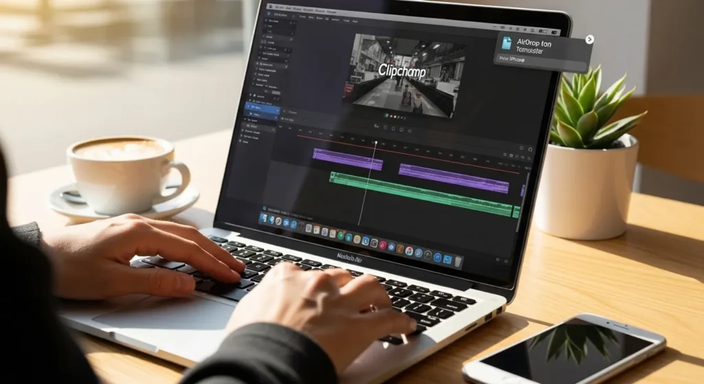MacBook AirでClipchampを使用して動画編集をする様子