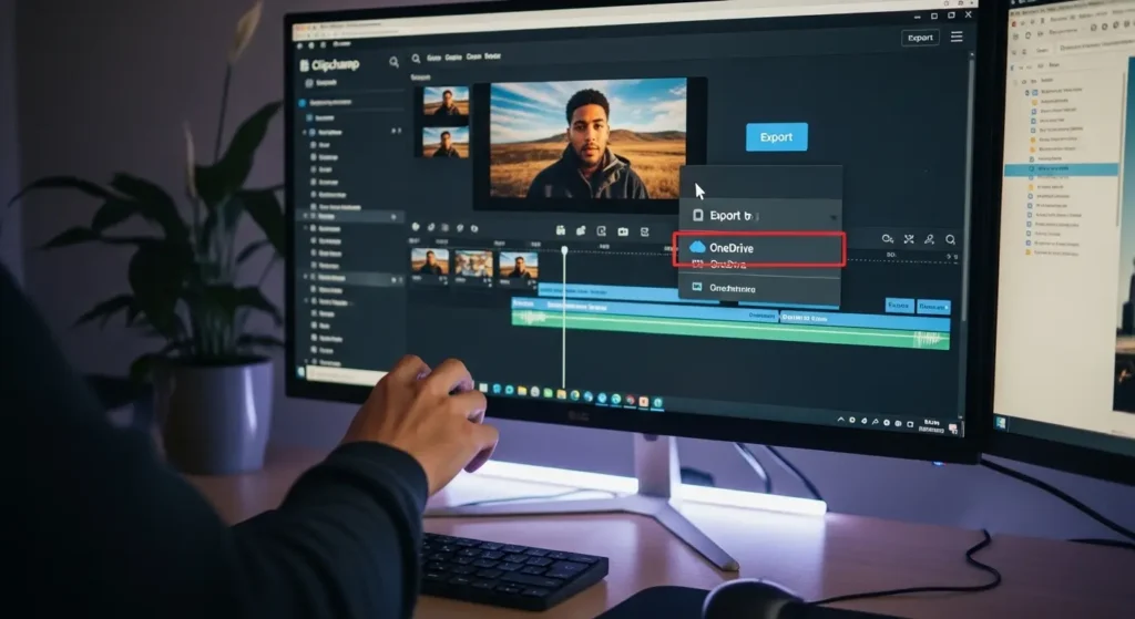 ClipchampからOneDriveへ動画を書き出す操作画面
