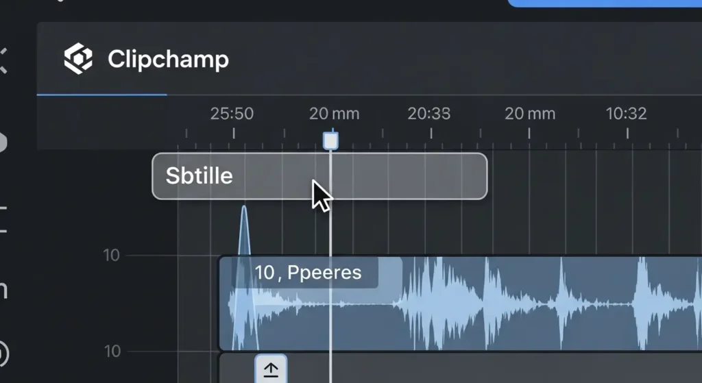 Clipchampのタイムラインで音声波形に合わせて字幕を微調整する様子