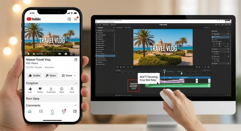 YouTubeのUIと重ならないように字幕位置を調整するClipchampの操作画面