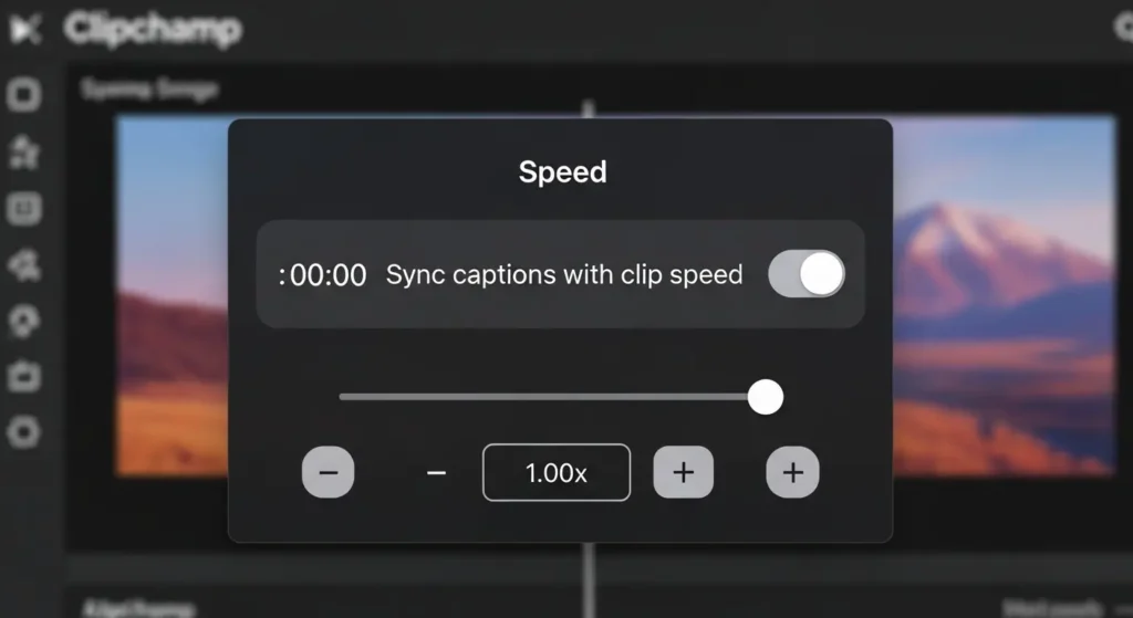 Clipchampの再生速度設定と字幕同期のオプション画面