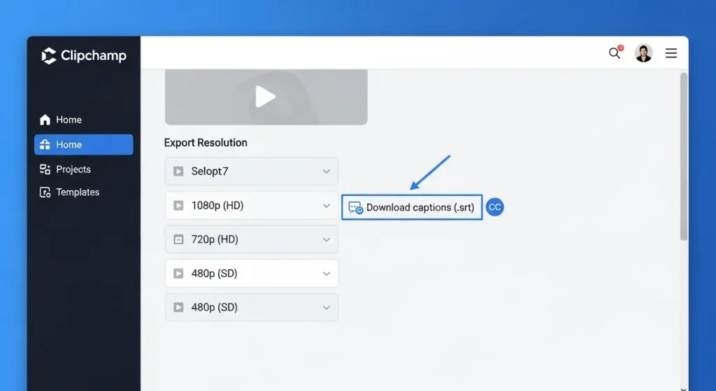 ClipchampでSRT字幕ファイルを個別にダウンロードする操作