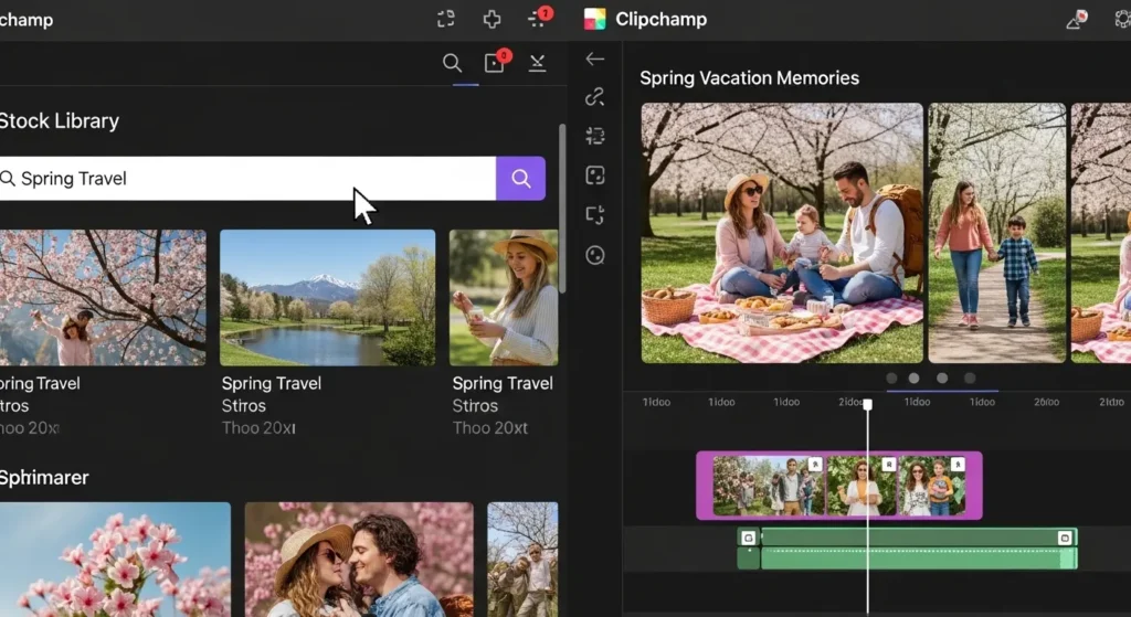 Clipchampのストックライブラリとテンプレート活用の様子