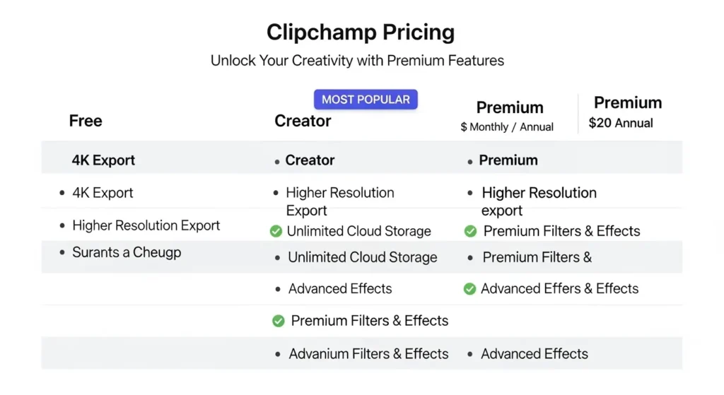 Clipchampのプレミアムプランと無料プランの価格比較表