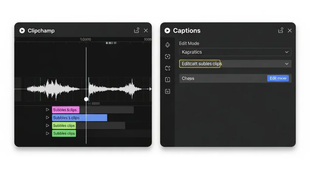 Clipchampのキャプションパネルとタイムラインでの同時編集