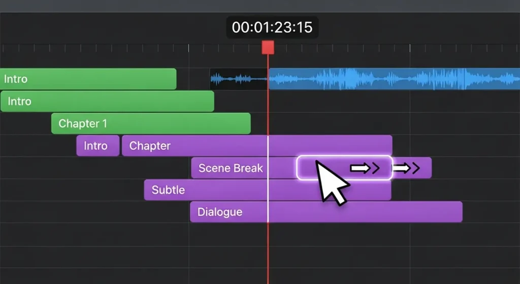 Clipchampのタイムラインで字幕のタイミングを調整する操作