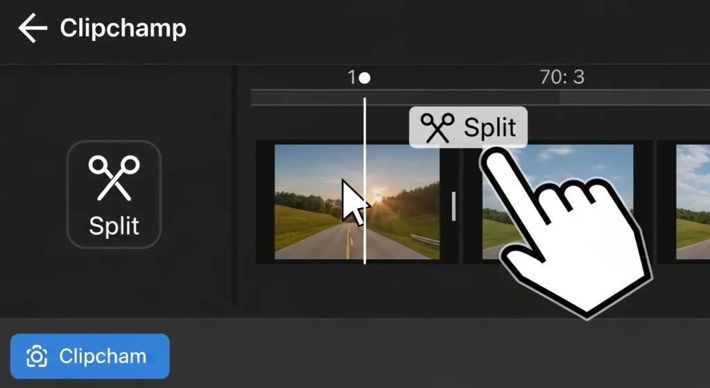 Clipchampのタイムラインでの分割とトリミング操作の様子
