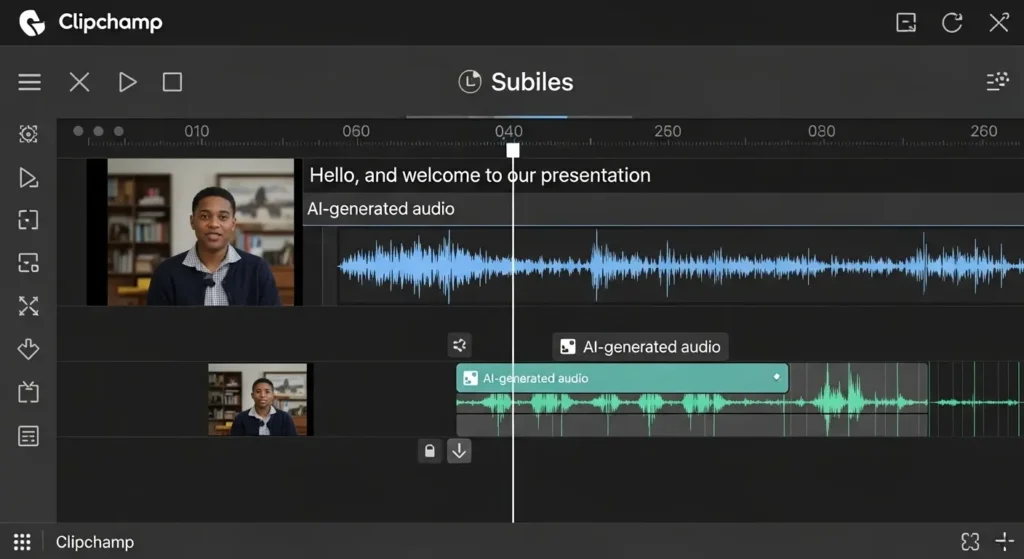 Clipchampのタイムラインと字幕編集画面
