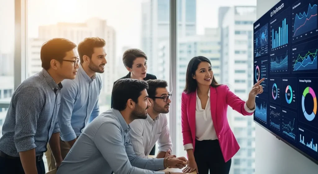 AI を活用したレポートを基に議論を深めるビジネスチーム