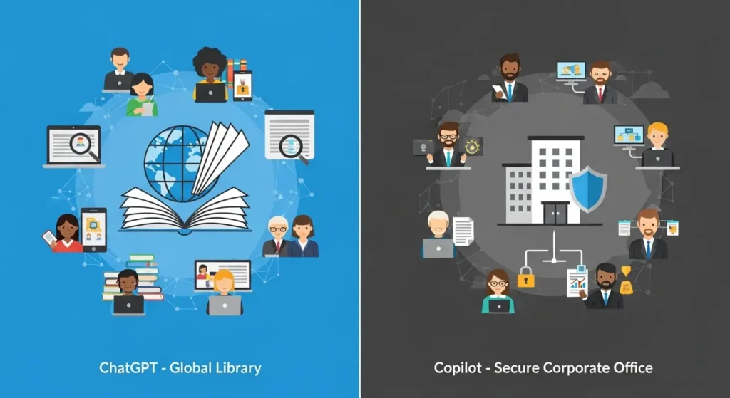 ChatGPT と Microsoft 365 Copilot の役割の違いを示す図