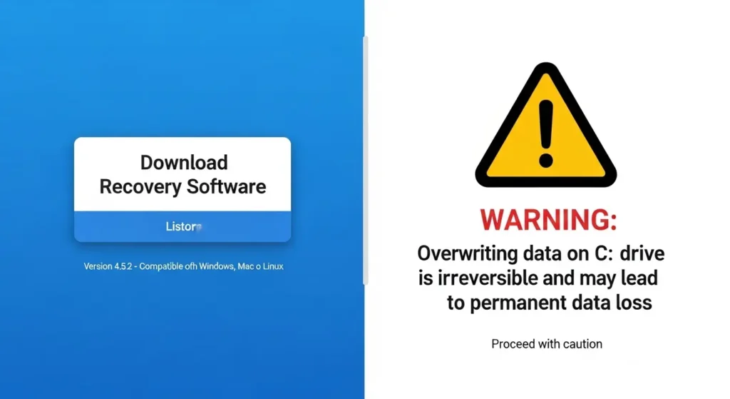 データ復元ソフトをインストールする際の注意点を示す警告