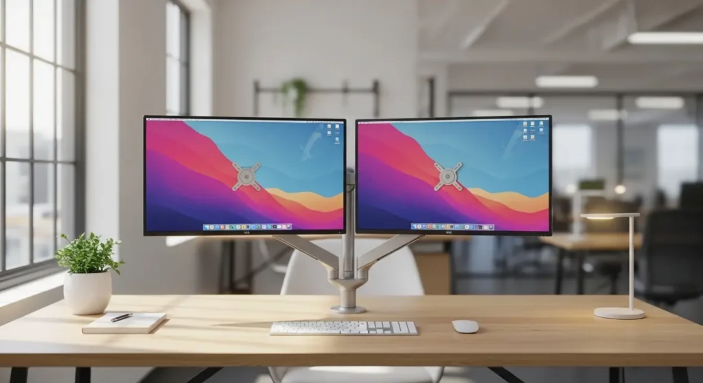 モニターアームを使用して2画面を空中に固定したデスク環境