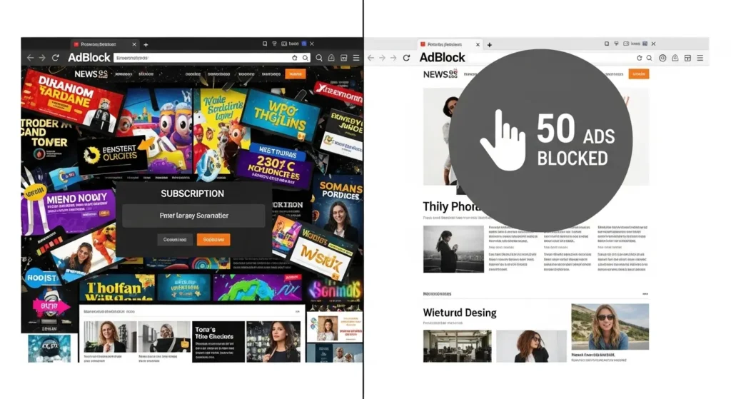 広告ブロックを適用する前と後のWebサイトの比較図