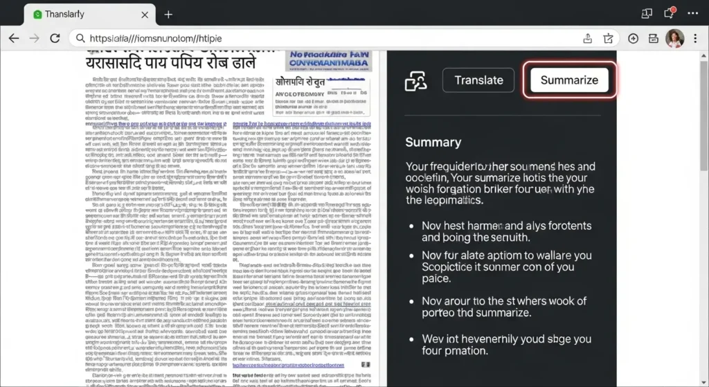 Edge拡張機能を使って海外記事を翻訳・要約している様子